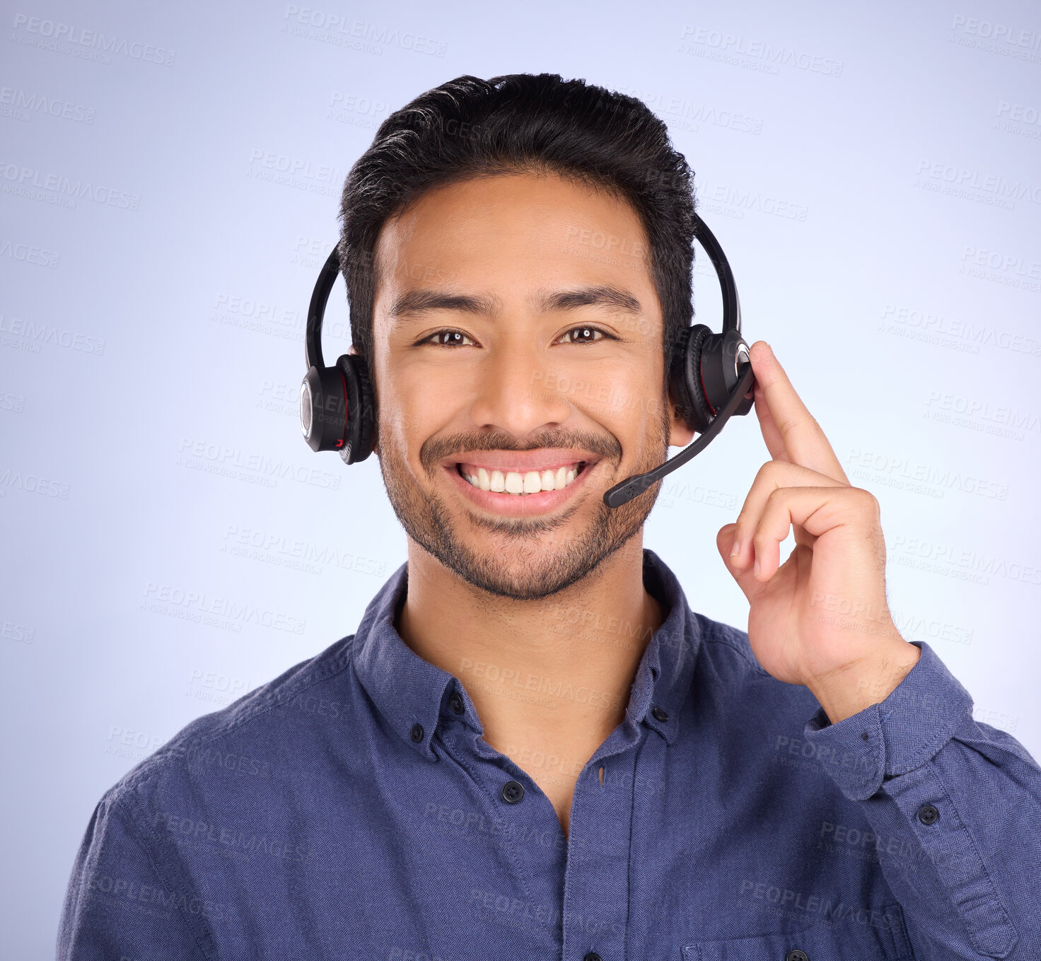 Buy stock photo Consulting, call center and smile with portrait of man for customer service, help desk and technical support. Networking, communication and contact us with employee for sales, crm and happy in studio