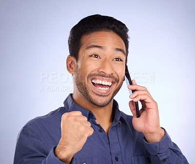 Buy stock photo Happy, excited and Asian man on a phone call for promotion isolated on a purple background in studio. Winning, communication and businessman on a conversation about success, good news and achievement