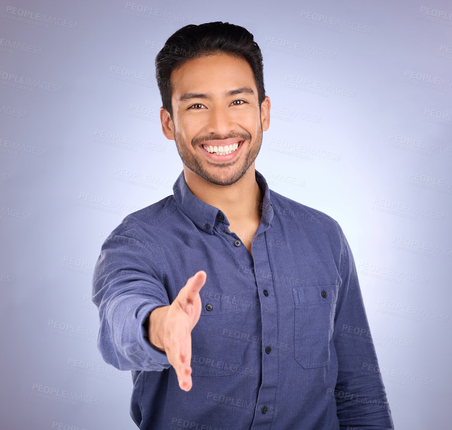 Buy stock photo Hand shake, welcome and portrait of a business man with happiness from deal agreement. Isolated, blue background and studio with a young man ready for shaking hands for onboarding or yes hand sign