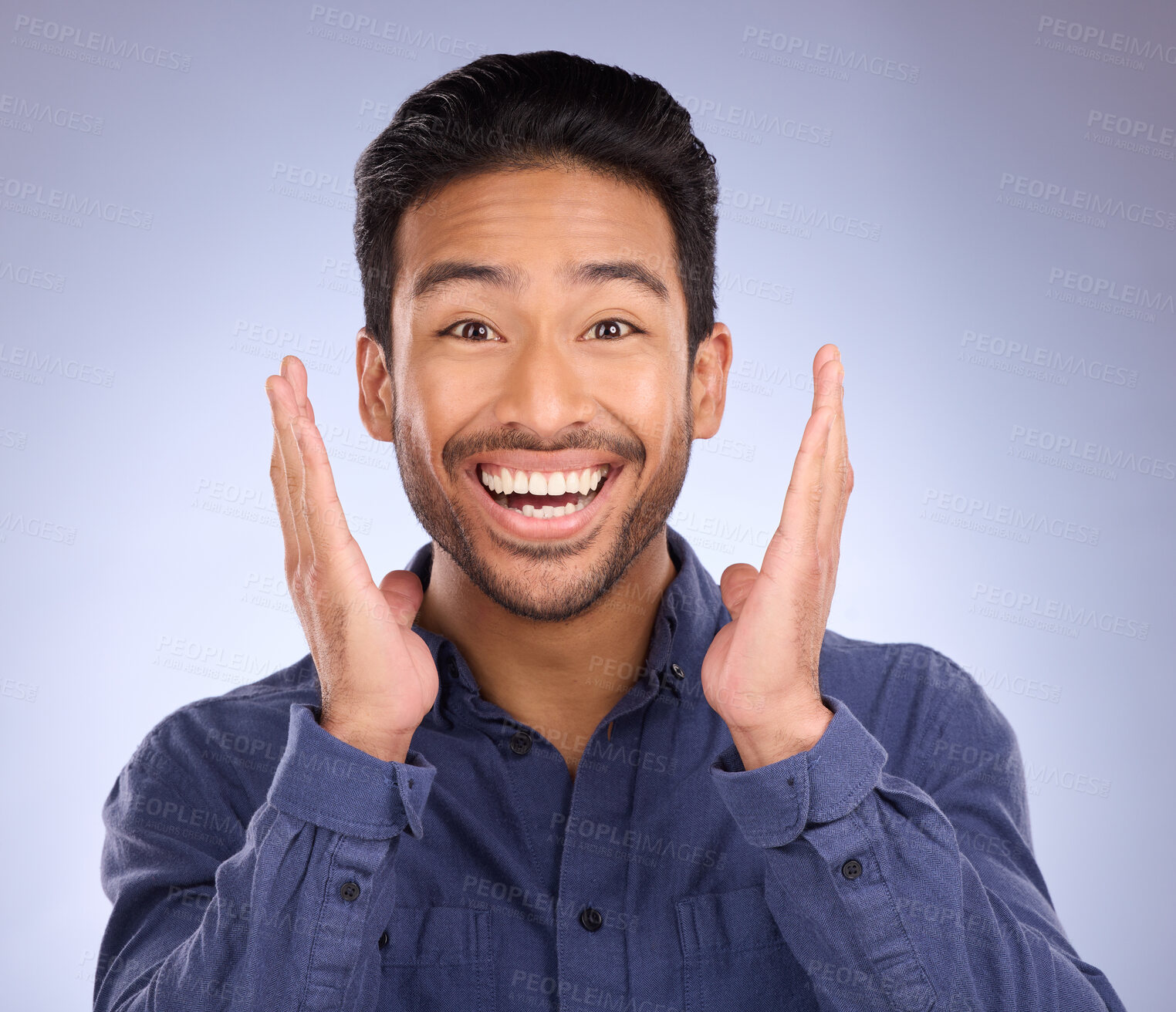 Buy stock photo Portrait, wow and Asian man with smile, surprise and excited with happy guy against blue studio background. Face, male and gentleman with happiness, shocked for good news, success and announcement