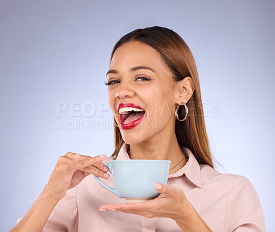 Buy stock photo Relax, smile and coffee with portrait of woman for happy lunch break and peace. Cappuccino, latte and caffeine beverage with girl and cup for cafe, restaurant and inspiration in studio background