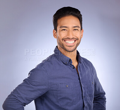 Buy stock photo Business man, proud smile and portrait of a corporate manager from Thailand in a studio. Isolated, blue background and happiness of Asian businessman and entrepreneur ready as a professional