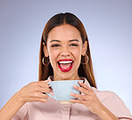 Happy, smile and coffee with portrait of woman for relax, lunch break and peace. Cappuccino, latte and caffeine beverage with girl and cup for cafe, restaurant and inspiration in studio background