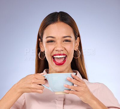 Buy stock photo Happy, smile and coffee with portrait of woman for relax, lunch break and peace. Cappuccino, latte and caffeine beverage with girl and cup for cafe, restaurant and inspiration in studio background