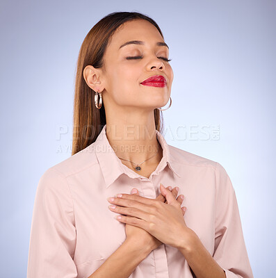 Buy stock photo Hands on chest, heart and self love with woman against studio background, content and with gratitude for health. Wellness, young female and calm with eyes closed, inner peace and zen with mindfulness