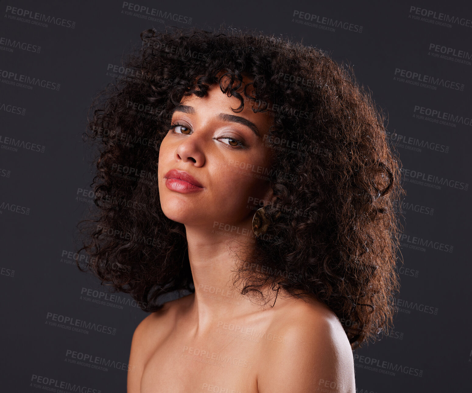 Buy stock photo Portrait, makeup and beauty by black woman in studio for glamour, treatment and body care on black background. Face, girl and curly afro model relax with luxury, soft and glowing skin while isolated 