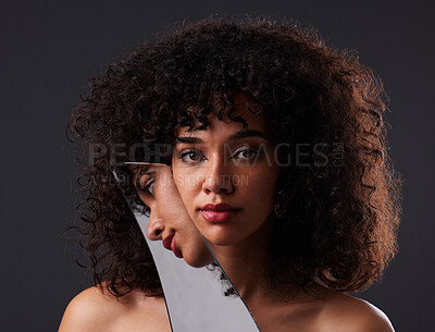 Buy stock photo Woman, beauty and face with mirror and reflection, aesthetic with art and portrait on dark studio background. Creative, facial and dermatology with hair care, Mexican female with cosmetics and makeup