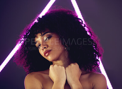 Buy stock photo UV fashion, woman and beauty portrait in studio with purple neon light with makeup, cosmetics and self love. Face of aesthetic gen z model black person on grey background for natural art glow