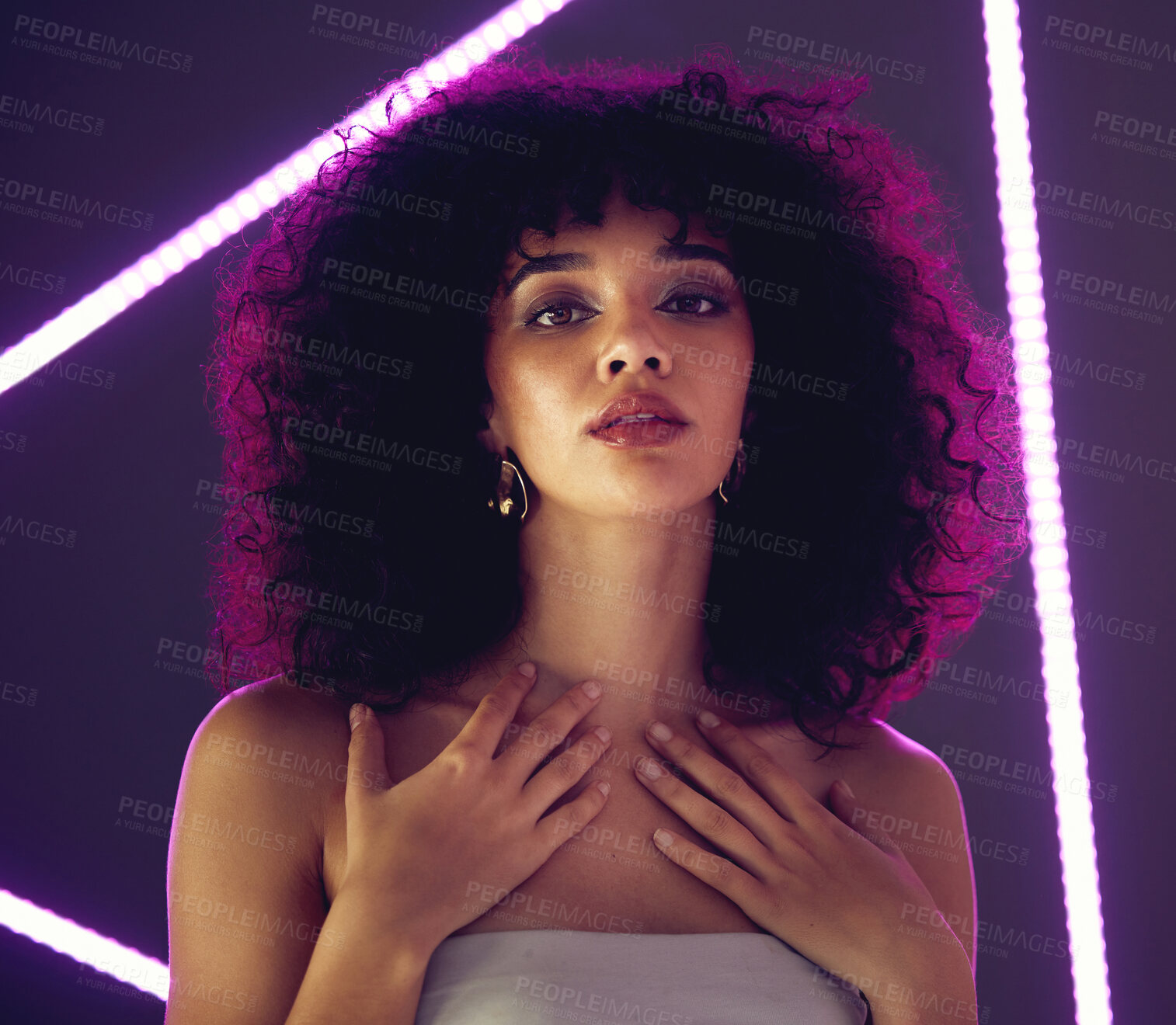 Buy stock photo Neon light, fashion woman and beauty portrait in studio with purple uv for makeup, cosmetics and self love. Face of aesthetic gen z model black person on gray background for natural art glow on skin