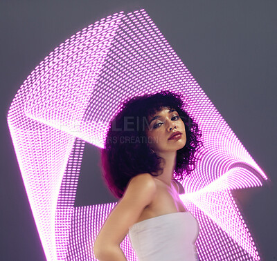 Buy stock photo Neon background, woman and beauty portrait in studio with purple ultraviolet light for makeup and fashion. Aesthetic gen z model black person with hologram for natural cosmetics, art uv glow abstract