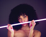 Purple light, woman and beauty portrait in studio with neon uv fashion for makeup cosmetics. Face of aesthetic gen z model black person on dark background for natural art glow on skin or afro hair
