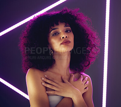 Buy stock photo Purple light, beauty and portrait of a woman in studio with neon uv for makeup, cosmetics and self love. Face of aesthetic gen z model black person on gray background for natural art glow and fashion