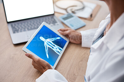 Buy stock photo Doctor, hands and tablet with laptop mockup screen for healthcare research, anatomy or surgery on table. Hand of medical professional holding touchscreen with body x ray display for digital science