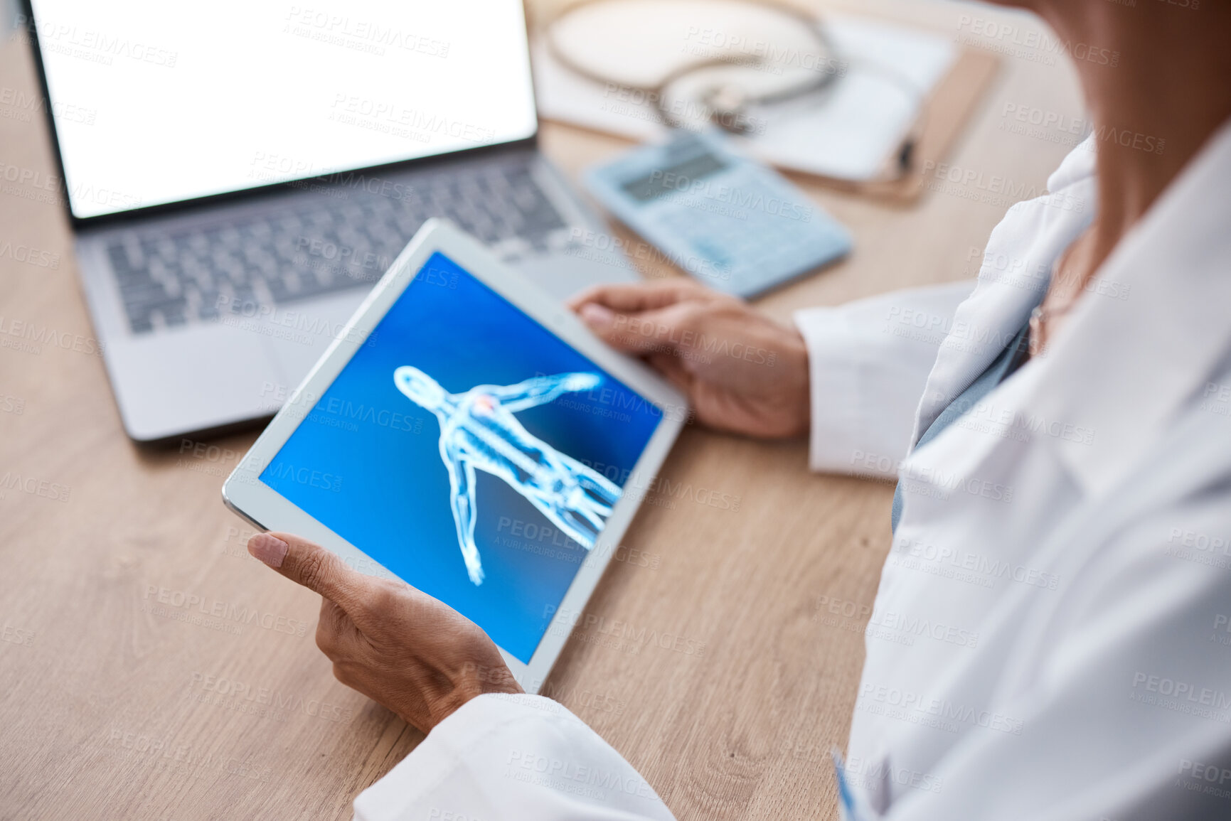 Buy stock photo Doctor, hands and tablet with laptop mockup screen for healthcare research, anatomy or surgery on table. Hand of medical professional holding touchscreen with body x ray display for digital science