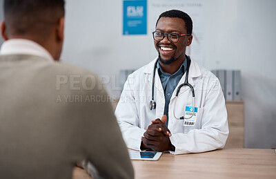 Black man doctor with patient in consultation office for healthcare advice, services and professional support. Medical worker talking, consulting and discussion with client or person in health clinic