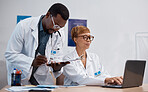 Teamwork, planning and doctors at desk for research training, hospital data review and laptop management. Paperwork, checklist document and serious analysis of medical black people working in office