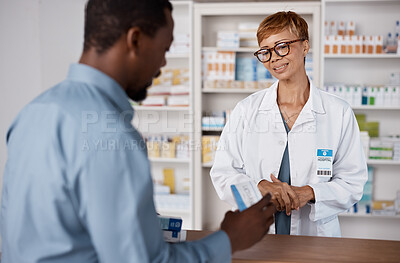 Pharmacist woman, talking to customer about medicine, information or advice on pills box. Black man with pharmacy, clinic or store worker for pharmaceutical, medical and health counter service