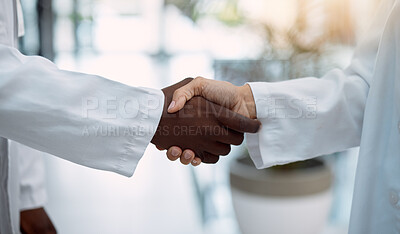 Buy stock photo Doctor, handshake and partnership in healthcare, agreement or deal for collaboration, teamwork or unity. Hand of medical professionals shaking hands for meeting, greeting or success in solidarity
