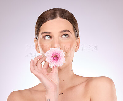 Buy stock photo Woman, flowers and daisy for skincare, cosmetics and natural aesthetic wellness on studio background. Young model, beauty and pink plants for sustainability, floral perfume or clean vegan dermatology