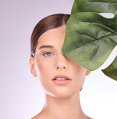Buy stock photo Woman, portrait and monstera leaf for beauty, natural cosmetics and aesthetic wellness on studio background. Face, model and skincare from plants, green leaves and sustainability of vegan dermatology