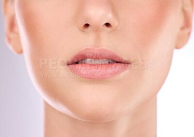 Buy stock photo Woman, skincare or mouth in zoom of face for cosmetics, beauty and healthy glow on studio background. Girl model, lips and dermatology portrait of wellness, facial treatment in isolated closeup 