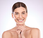 Portrait, skincare and face relax on hands of woman in studio for grooming, cosmetics or wellness on gradient background. Beauty, happy and girl model smile for in luxury, makeup and skin dermatology