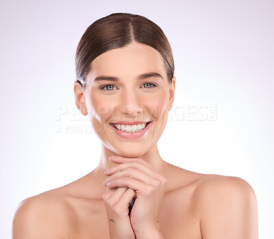 Buy stock photo Portrait, skincare and face relax on hands of woman in studio for grooming, cosmetics or wellness on gradient background. Beauty, happy and girl model smile for in luxury, makeup and skin dermatology