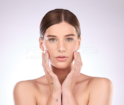 Buy stock photo Beauty, skincare portrait or woman with self love in daily grooming treatment with natural makeup cosmetics. Dermatology, mock up studio space or face of girl model with healthy luxury facial routine