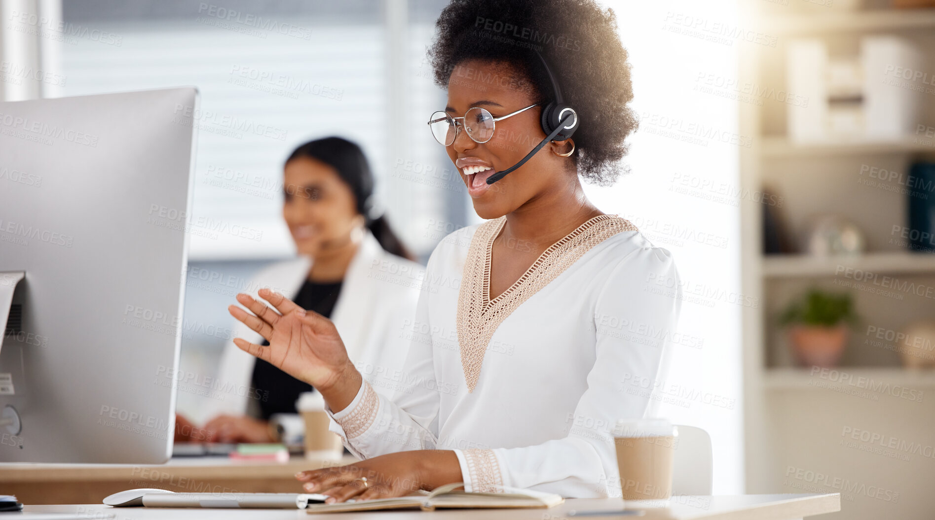 Buy stock photo Black woman, call center and consulting on computer with headset for telemarketing, customer service or support at office. Happy African American female consultant or agent in contact us for sales
