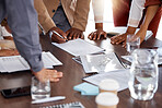 Hands, documents and contract with a business man signing paperwork in the office during a meeting. Accounting, collaboration or finance with a manager and employee group reading a checklist