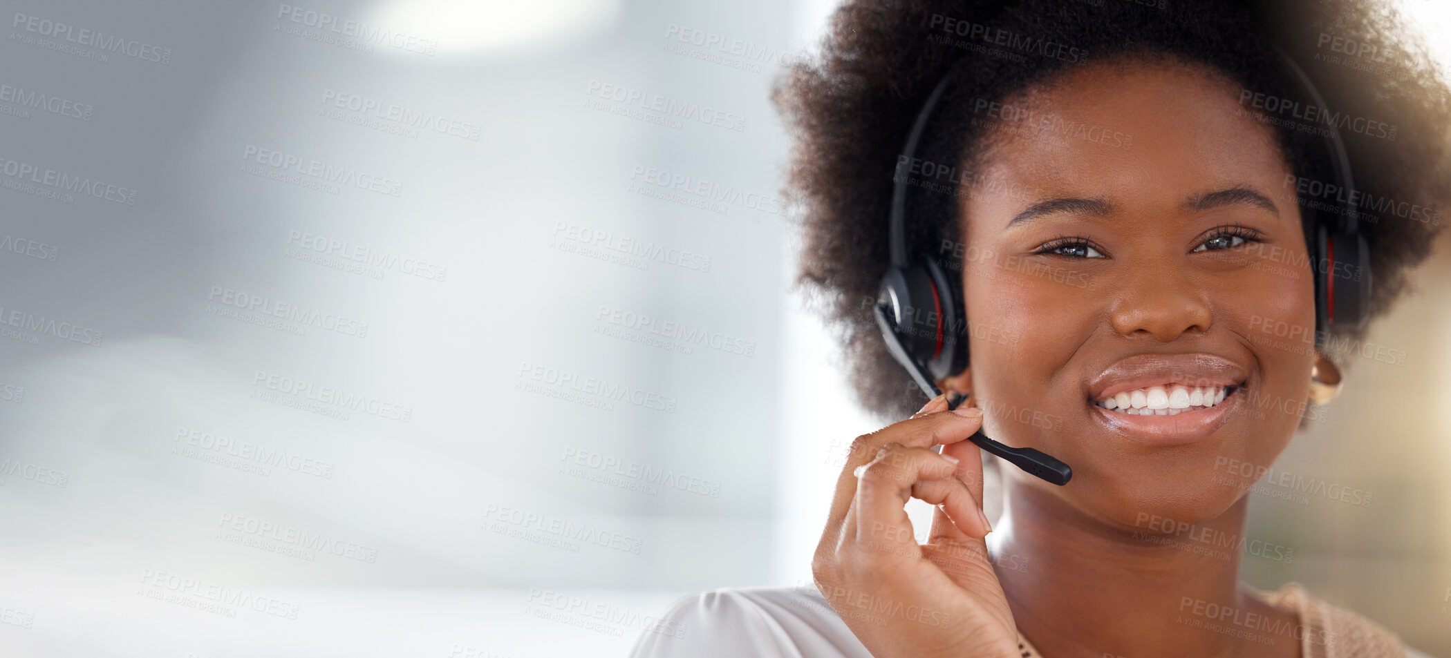 Buy stock photo Black woman, call center and portrait smile on mockup with headset in telemarketing, customer service or support. Happy African American female consultant or agent face with mic in contact us sales