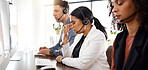 Call center stress, headache and telemarketing team with crm problem in a office with anxiety. Customer service, web support and burnout of a black woman employee working online on a help desk app