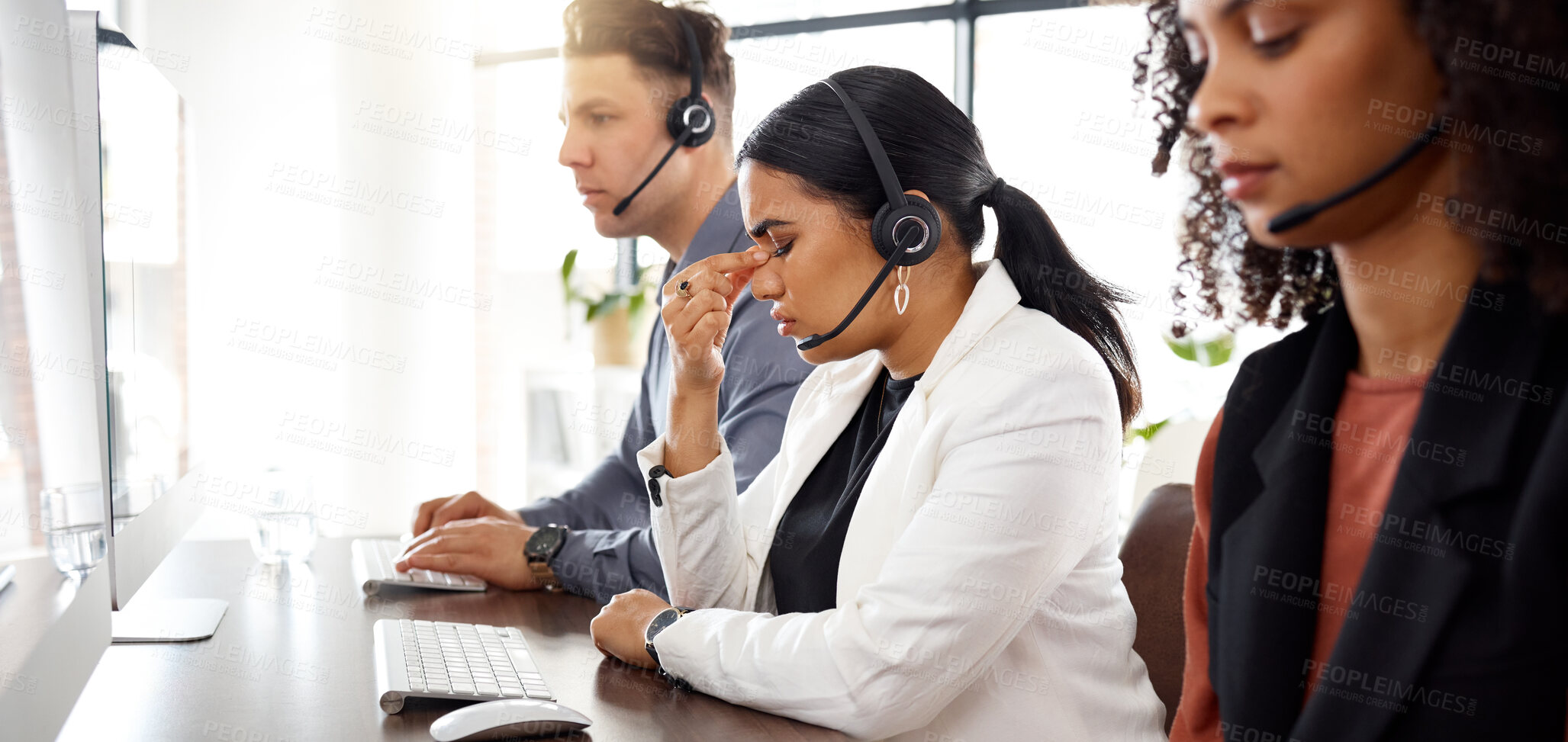 Buy stock photo Call center stress, headache and telemarketing team with crm problem in a office with anxiety. Customer service, web support and burnout of a black woman employee working online on a help desk app