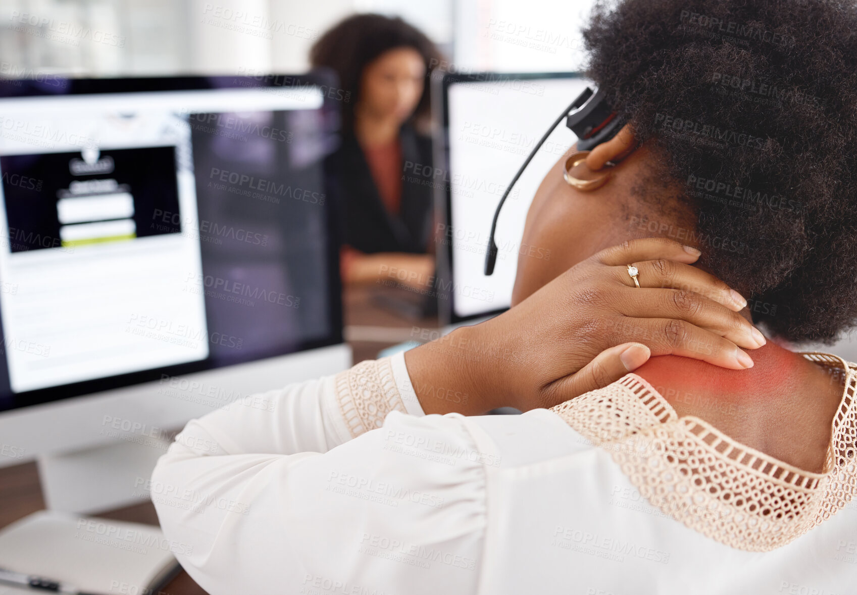 Buy stock photo Hand, neck pain and call center with a black woman consultant working in customer service or support. Anatomy, posture and injury with a female telemarketing employee at work in ecommerce or sales