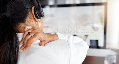 Buy stock photo Woman, neck pain and call center in back view with tired muscle, burnout and stress by computer in office. Crm consultant, workplace injury or customer service expert with strain, frustrated or hurt