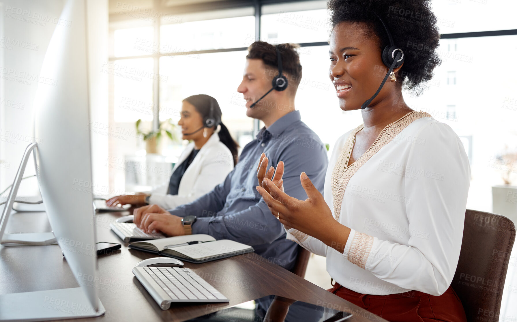 Buy stock photo Black woman, call center and consulting for telemarketing, customer service or support at office desk. African American female consultant or agent talking or explaining in contact us for help advice