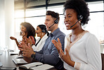 Business people, call center and consulting on computer in telemarketing, customer service or support at office. Group of marketing team, consultant or agent talking in contact us for online advice