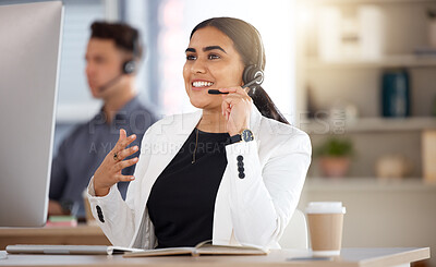 Buy stock photo Woman, call center and computer with headset consulting in telemarketing, customer service or support at office. Happy female consultant talking on mic sitting by desktop PC in contact us for sales