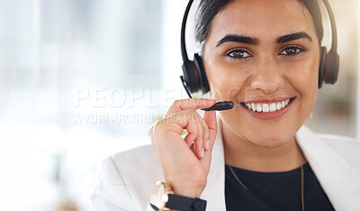 Buy stock photo Woman, call center and portrait smile with headset mic for consulting in telemarketing, customer service or support. Happy female consultant or agent face smiling in contact us or advice on mockup