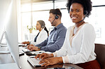 Black woman, call center and portrait smile on computer in telemarketing, customer service and support at office. Happy African American female consultant or agent smiling in contact us for advice