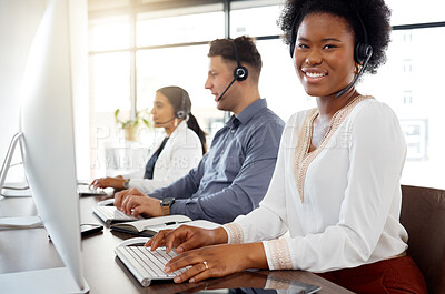 Buy stock photo Black woman, call center and portrait smile on computer in telemarketing, customer service and support at office. Happy African American female consultant or agent smiling in contact us for advice