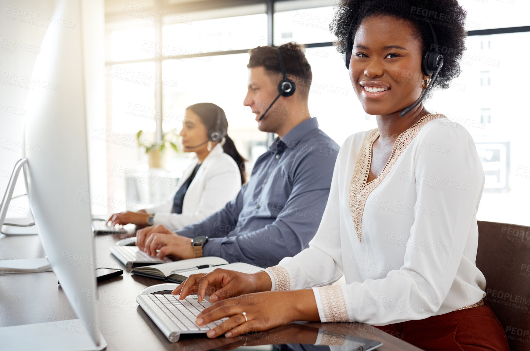 Buy stock photo Black woman, call center and portrait smile on computer in telemarketing, customer service and support at office. Happy African American female consultant or agent smiling in contact us for advice