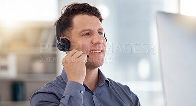 Buy stock photo Business man, call center and computer with headset mic for consulting in telemarketing, customer service or support. Happy male consultant or agent smiling in contact us for online help or advice
