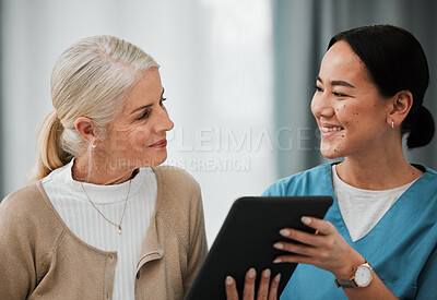 Buy stock photo Asian woman nurse, elderly patient and tablet for consulting, healthcare or report for medical help. Japanese doctor, women and digital touchscreen ui at consultation room, happy or smile for results