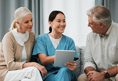 Buy stock photo Asian nurse, senior man and woman with tablet for consulting, healthcare or report for medical help. Japanese doctor, couple or digital touchscreen ux in consultation room, happy or smile for results