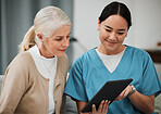 Tablet, news or nurse with old woman consulting after surgery or medical test results for support. Meeting, healthcare clinic or doctor reading or helping a sick elderly patient with an online report