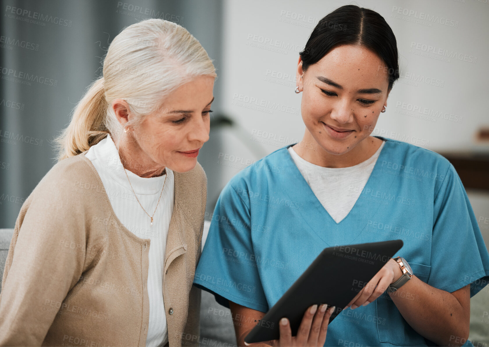 Buy stock photo Tablet, news or nurse with old woman consulting after surgery or medical test results for support. Meeting, healthcare clinic or doctor reading or helping a sick elderly patient with an online report
