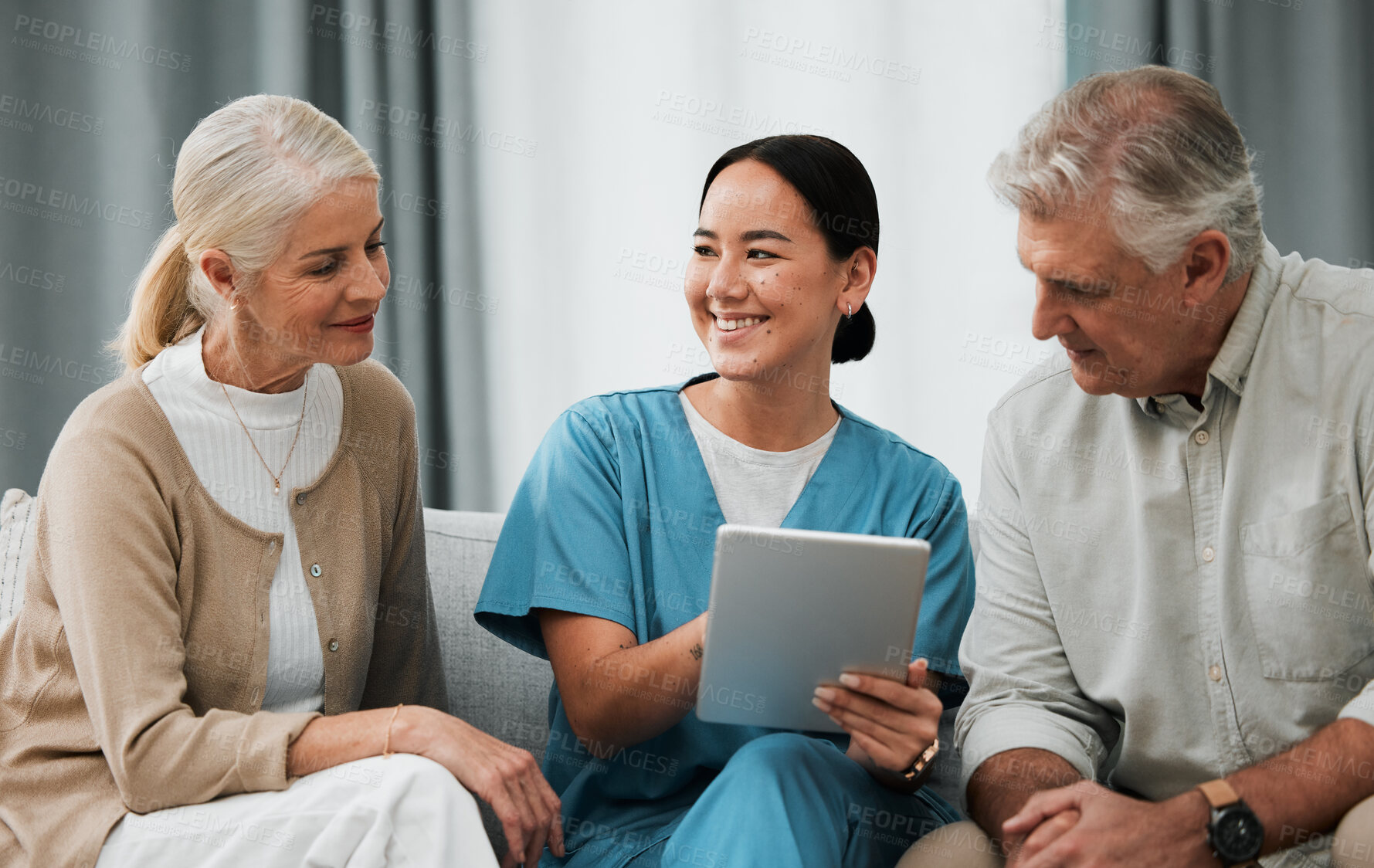 Buy stock photo Asian nurse, elderly man and woman with tablet for consulting, healthcare or report for medical help. Japanese doctor, women or digital touchscreen ux in consulting room, happy or excited for results