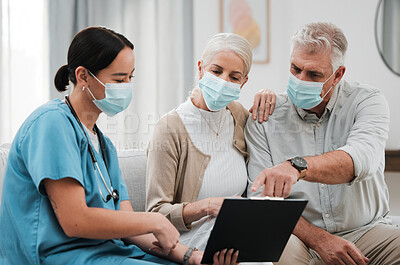 Buy stock photo Covid results, life insurance data and senior couple with healthcare nurse in nursing home. Retirement plan, medical documents and mask of people together on a sofa reading policy and health report