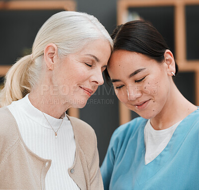 Buy stock photo Nursing home friendship, senior woman and nurse with a smile from retirement and support. Bonding, healthcare and Asian caregiver feeling happy from elderly care and medical job with a elderly female
